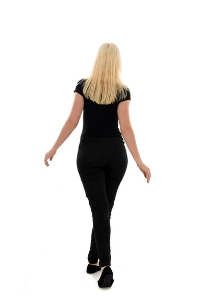 Full Length Portrait Girl Wearing Black Clothing Standing Pose White — Stock Photo, Image