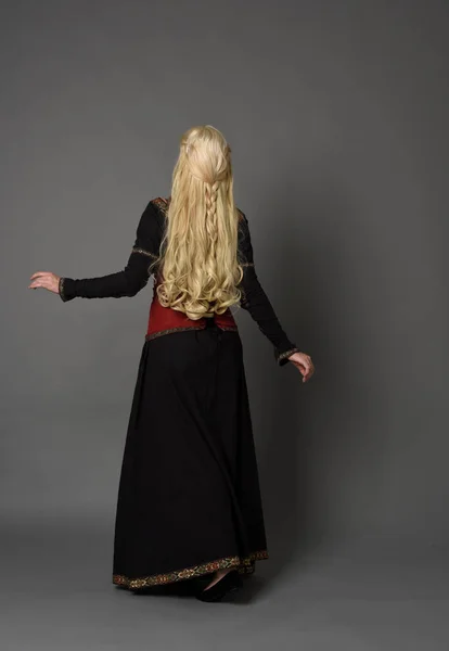 Full Length Portrait Blonde Girl Wearing Red Black Medieval Costume — Stock Photo, Image