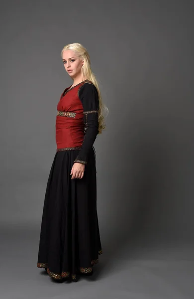 Full Length Portrait Blonde Girl Wearing Red Black Medieval Costume — Stock Photo, Image