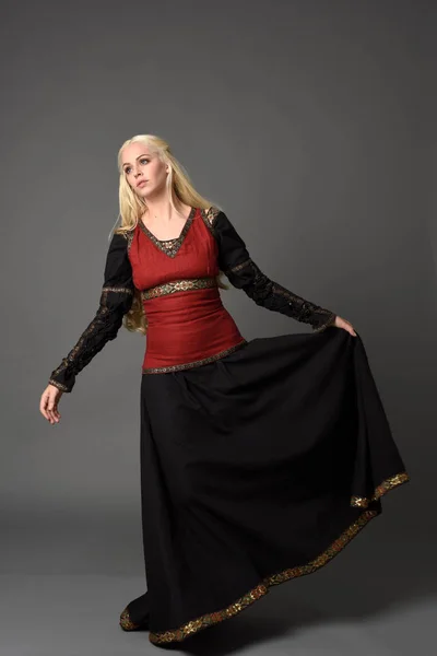 Full Length Portrait Blonde Girl Wearing Medieval Gown Standing Pose — Stock Photo, Image