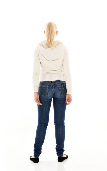 Retrato Comprimento Total Menina Loira Vestindo Jumper Branco Jeans Pose — Fotografia de Stock