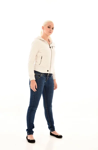 Full Length Portrait Blonde Girl Wearing White Jumper Jeans Standing — Stock Photo, Image