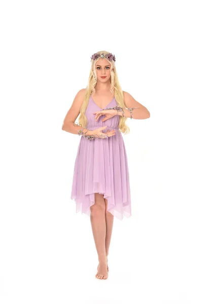 Full Length Portrait Blonde Girl Wearing Purple Fairy Costume Standing — Stock Photo, Image