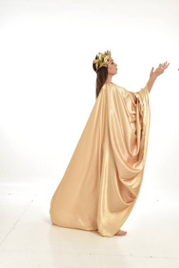 full length portrait of brunette woman wearing gold grecian gown, standing pose. isolated on white studio background. clipart