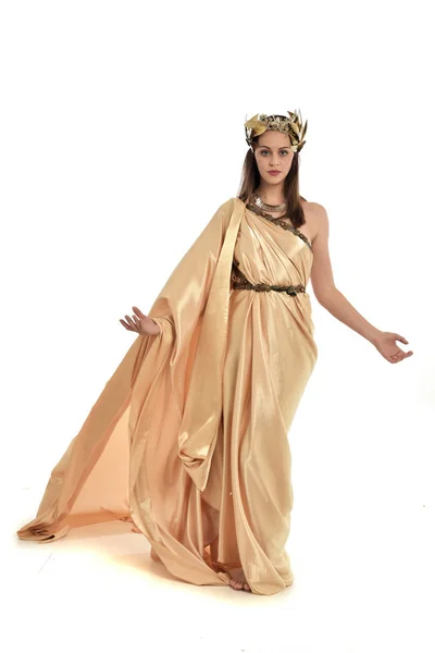 Full Length Portrait Brunette Woman Wearing Gold Grecian Gown Standing — Stock Photo, Image