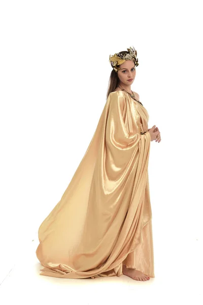 Full Length Portrait Brunette Woman Wearing Gold Grecian Gown Standing — Stock Photo, Image