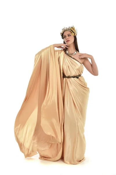 Full Length Portrait Brunette Woman Wearing Gold Grecian Gown Standing — Stock Photo, Image