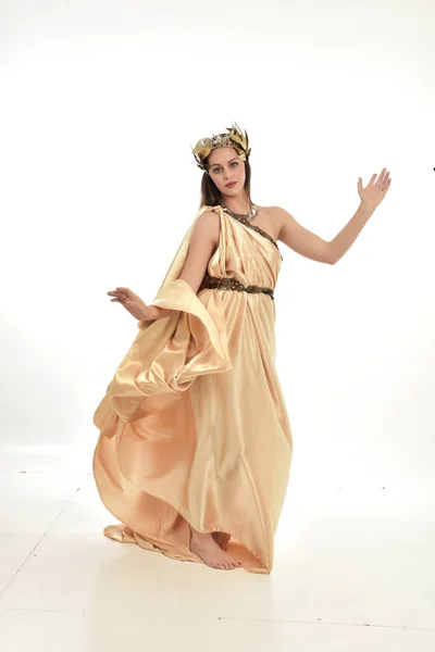 Full Length Portrait Brunette Woman Wearing Gold Grecian Gown Standing — Stock Photo, Image