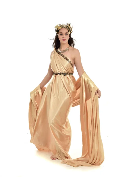 Full Length Portrait Brunette Woman Wearing Gold Grecian Gown Standing — Stock Photo, Image