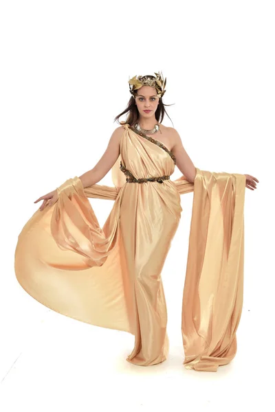 Full Length Portrait Brunette Woman Wearing Gold Grecian Gown Standing — Stock Photo, Image