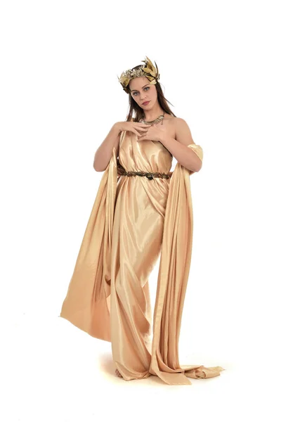 Full Length Portrait Brunette Woman Wearing Gold Grecian Gown Standing — Stock Photo, Image