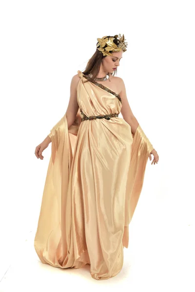 Full Length Portrait Brunette Woman Wearing Gold Grecian Gown Standing — Stock Photo, Image