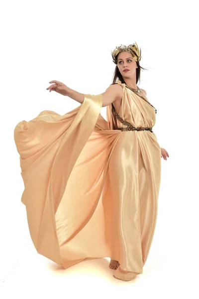 Full Length Portrait Brunette Woman Wearing Gold Grecian Gown Standing — Stock Photo, Image