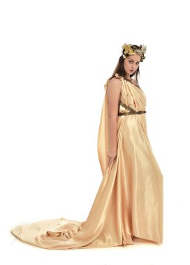 Tam boy poz ayakta altın Yunan elbisesi giymiş esmer kadın portresi. beyaz stüdyo arka plan üzerinde izole.