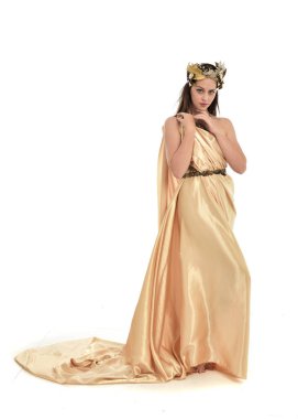 Tam boy poz ayakta altın Yunan elbisesi giymiş esmer kadın portresi. beyaz stüdyo arka plan üzerinde izole.