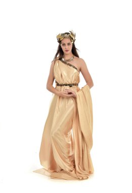 full length portrait of brunette woman wearing gold grecian gown, standing pose. isolated on white studio background. clipart