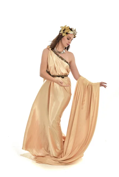 Full Length Portrait Brunette Woman Wearing Gold Grecian Gown Standing — Stock Photo, Image