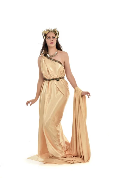 Retrato Comprimento Total Mulher Morena Vestindo Vestido Grecian Ouro Pose — Fotografia de Stock