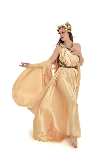 Full Length Portrait Brunette Woman Wearing Gold Grecian Gown Standing — Stock Photo, Image