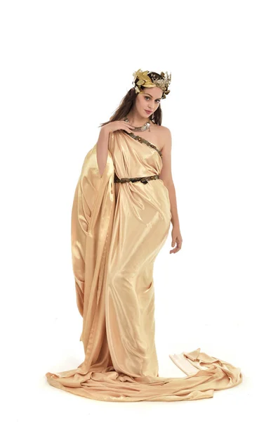 Pełna Długość Portret Brunetka Kobieta Sobie Złota Suknia Grecian Stojąc — Zdjęcie stockowe