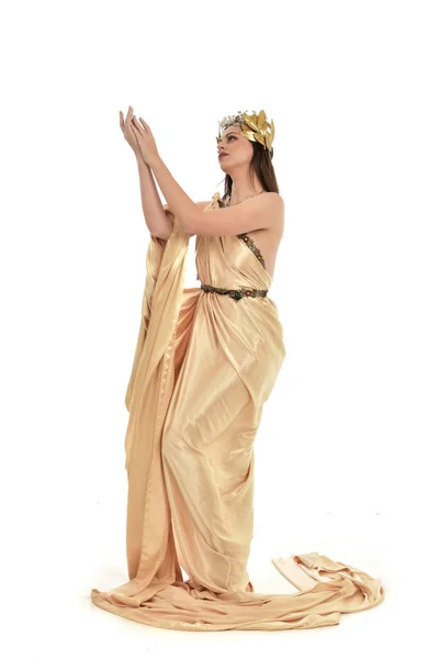 Full Length Portrait Brunette Woman Wearing Gold Grecian Gown Standing — Stock Photo, Image