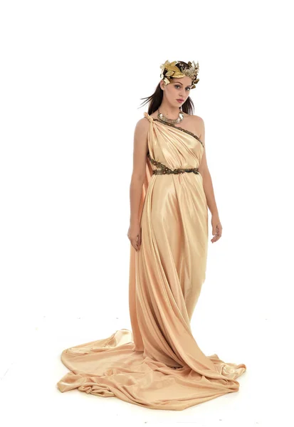 Full Length Portrait Brunette Woman Wearing Gold Grecian Gown Standing — Stock Photo, Image