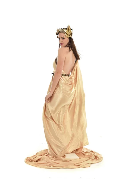 Full Length Portrait Brunette Woman Wearing Gold Grecian Gown Standing — Stock Photo, Image