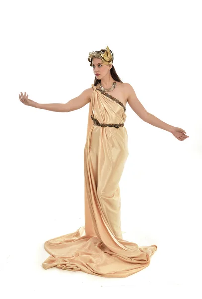 Full Length Portrait Brunette Woman Wearing Gold Grecian Gown Standing — Stock Photo, Image