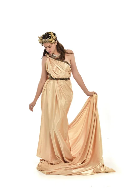 Full Length Portrait Brunette Woman Wearing Gold Grecian Gown Standing — Stock Photo, Image