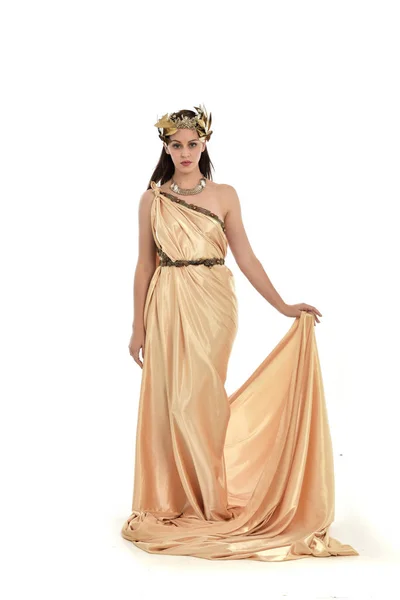 Full Length Portrait Brunette Woman Wearing Gold Grecian Gown Standing — Stock Photo, Image