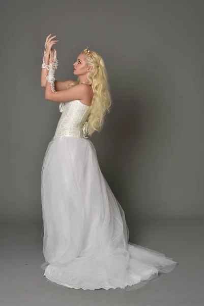 Full Length Portrait Blonde Girl Wearing White Fantasy Gown Standing — Stock Photo, Image
