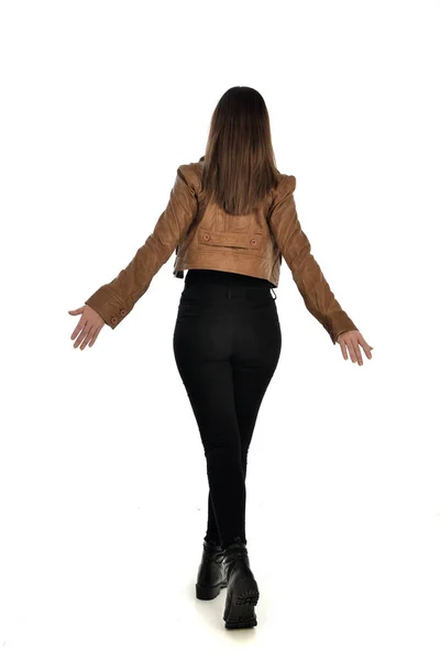 Full Length Portrait Brunette Girl Wearing Leather Jacket Plain Black — Stock Photo, Image