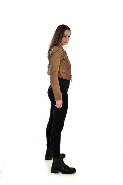 Full Length Portrait Brunette Girl Wearing Brown Leather Jacket Side — Stock Photo, Image