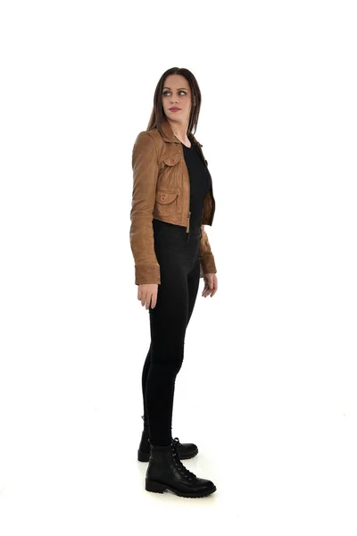 Full Length Portrait Brunette Girl Wearing Brown Leather Jacket Side — Stock Photo, Image