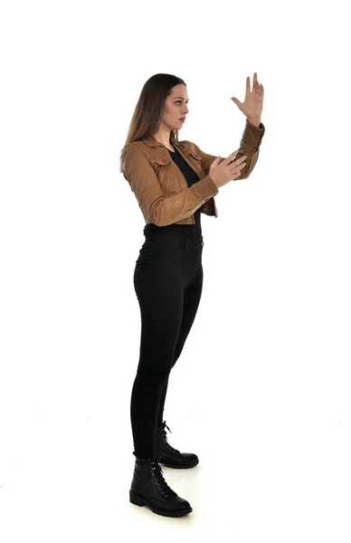 Full Length Portrait Brunette Girl Wearing Brown Leather Jacket Side — Stock Photo, Image