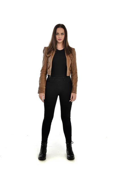 Full Length Portrait Brunette Girl Wearing Brown Leather Jacket Standing — Stock Photo, Image