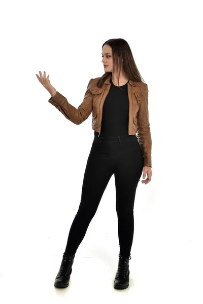 Full Length Portrait Brunette Girl Wearing Brown Leather Jacket Standing — Stock Photo, Image