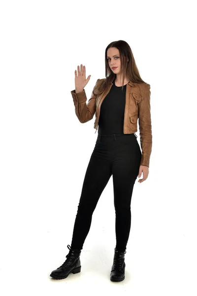 Full Length Portrait Brunette Girl Wearing Brown Leather Jacket Standing — Stock Photo, Image