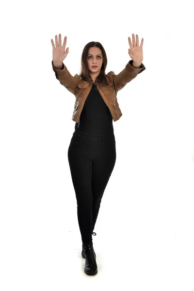 Full Length Portrait Brunette Girl Wearing Brown Leather Jacket Standing — Stock Photo, Image