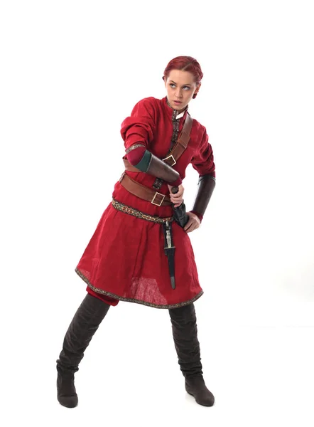 Full Length Portrait Red Haired Girl Wearing Fantasy Medieval Costume — Stock Photo, Image