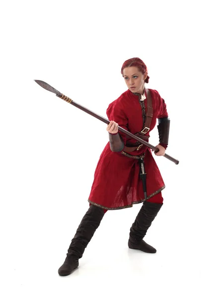 Full Length Portrait Red Haired Girl Wearing Fantasy Medieval Costume — Stock Photo, Image