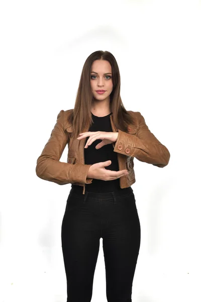Portrait Brunette Girl Wearing Brown Leather Jacket Isolated White Studio — Stock Photo, Image