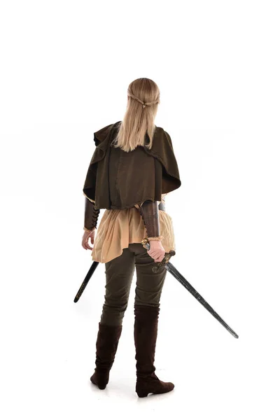 Full Length Portrait Girl Wearing Medieval Costume Standing Pose Back — Stock Photo, Image