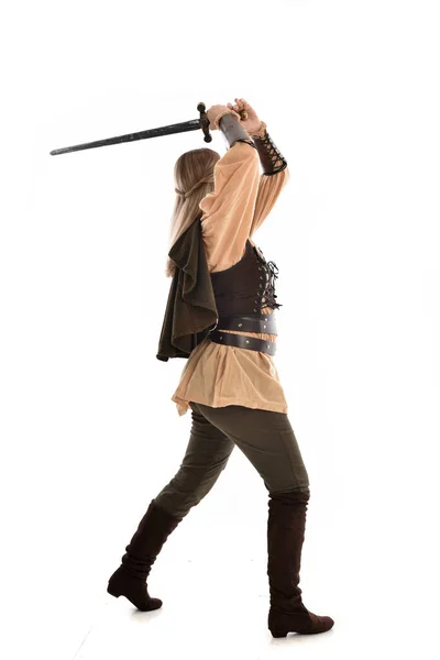 Full Length Portrait Girl Wearing Medieval Costume Standing Pose Back — Stock Photo, Image