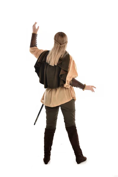 Full Length Portrait Girl Wearing Medieval Costume Standing Pose Back — Stock Photo, Image