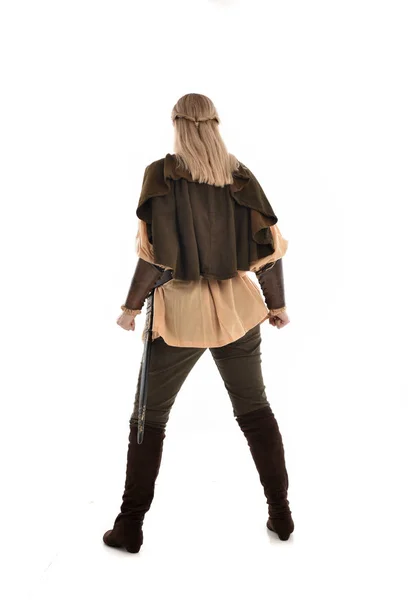 Full Length Portrait Girl Wearing Medieval Costume Standing Pose Back — Stock Photo, Image