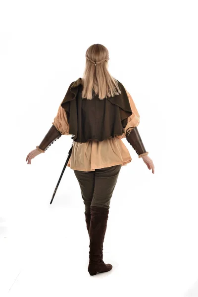 Full Length Portrait Girl Wearing Medieval Costume Standing Pose Back — Stock Photo, Image