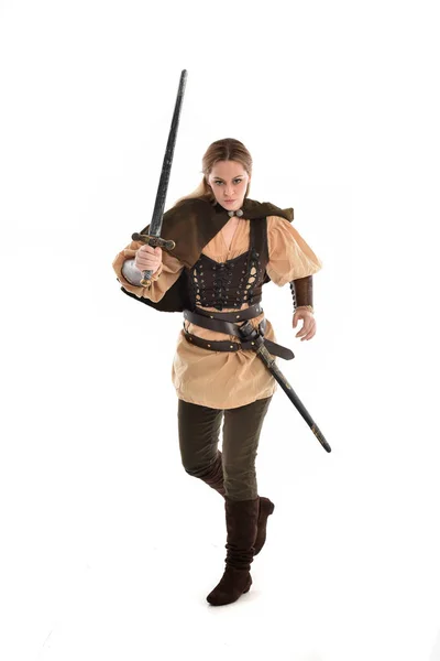 Full Length Portrait Blonde Girl Wearing Brown Medieval Warrior Costume — Stock Photo, Image