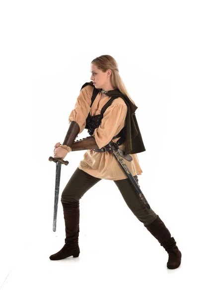 Full Length Portrait Blonde Girl Wearing Brown Medieval Warrior Costume — Stock Photo, Image