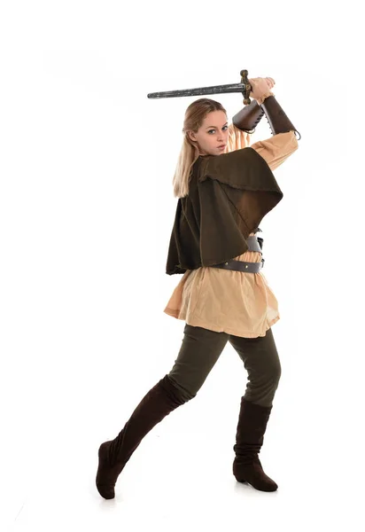 Full Length Portrait Blonde Girl Wearing Brown Medieval Warrior Costume — Stock Photo, Image